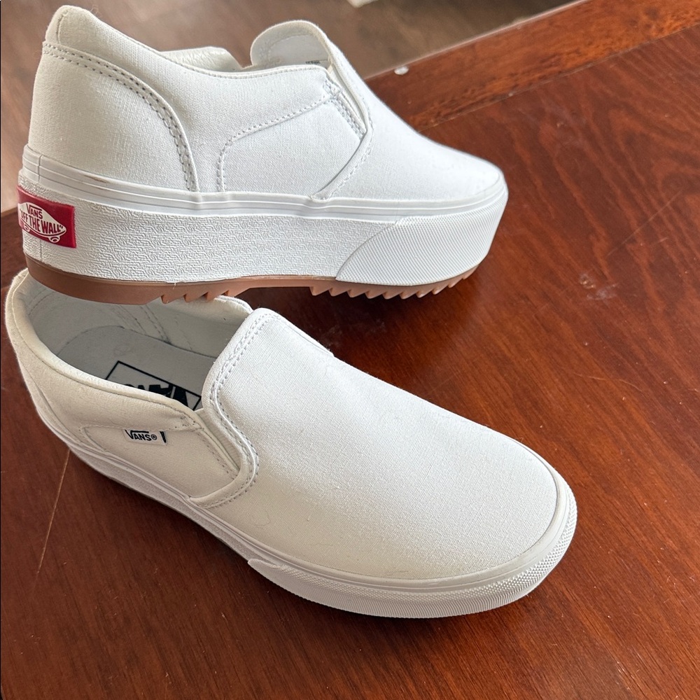 Vans White Women's Slip-On Platform Sneakers with Gum Outsole Artist Dream